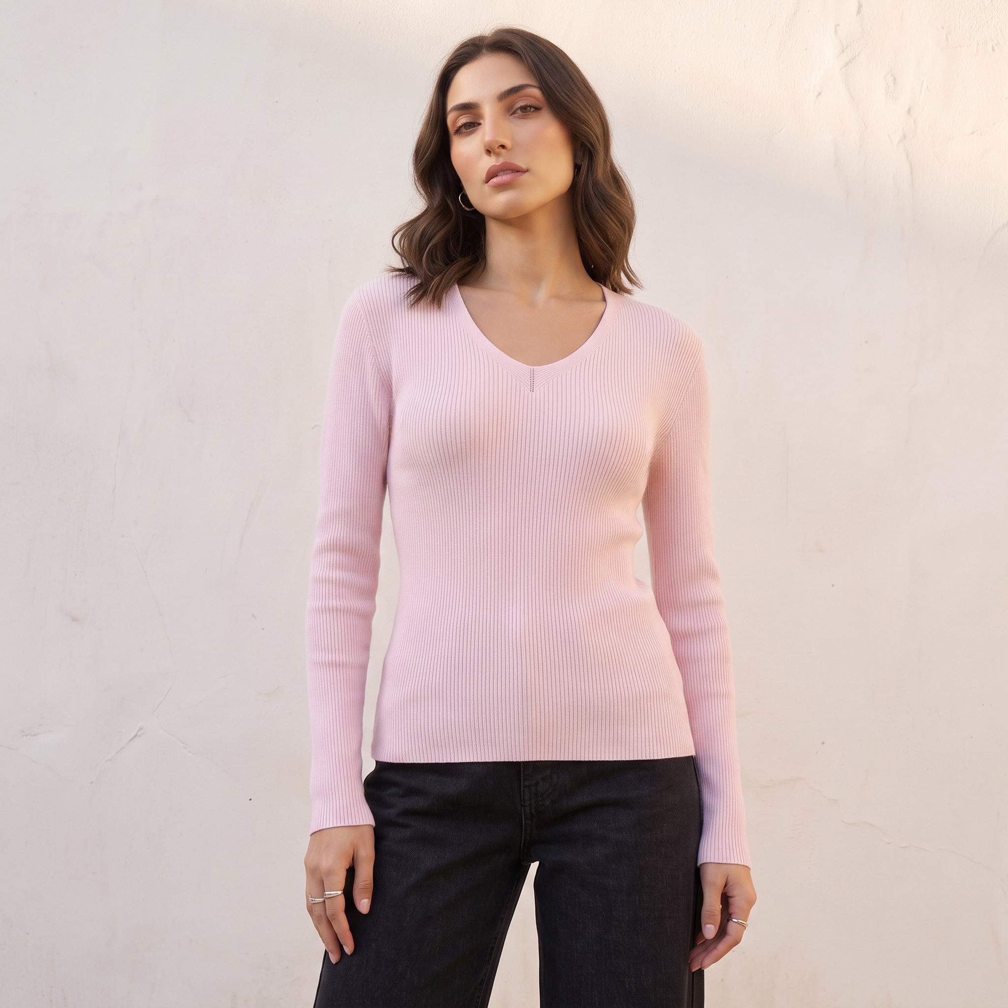 Splash Basics Regular Fit Ribbed Sweater with V-neck-women-winterwear-cardigansandjumpers-jumpers-image-2