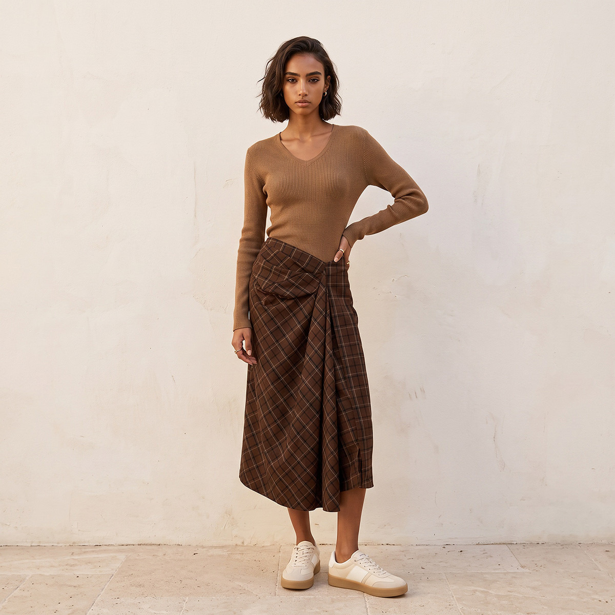 كنزة مضلعة بقصة عادية وياقة V من سبلاش بيزكس-women-winterwear-cardigansandjumpers-jumpers-image-3