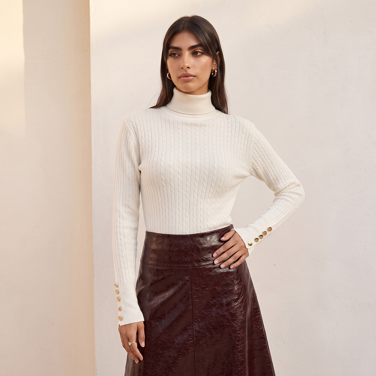 Splash Basics Regular Fit Cable Knit Sweater with Turtleneck-women-winterwear-cardigansandjumpers-jumpers-image-2
