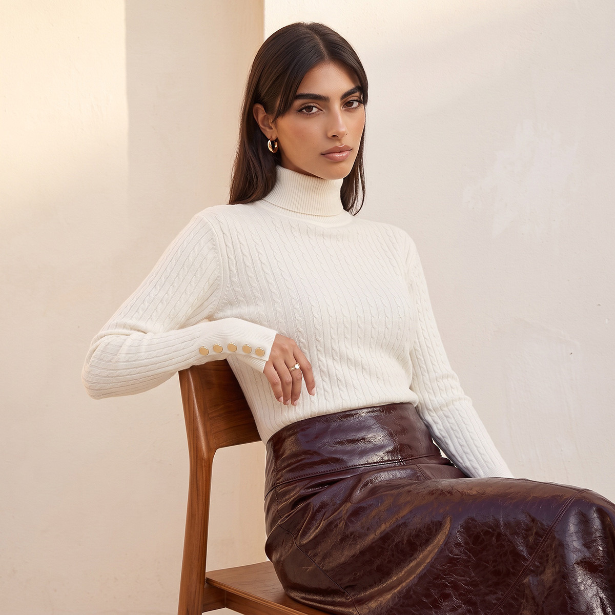 Splash Basics Regular Fit Cable Knit Sweater with Turtleneck-women-winterwear-cardigansandjumpers-jumpers-image-3