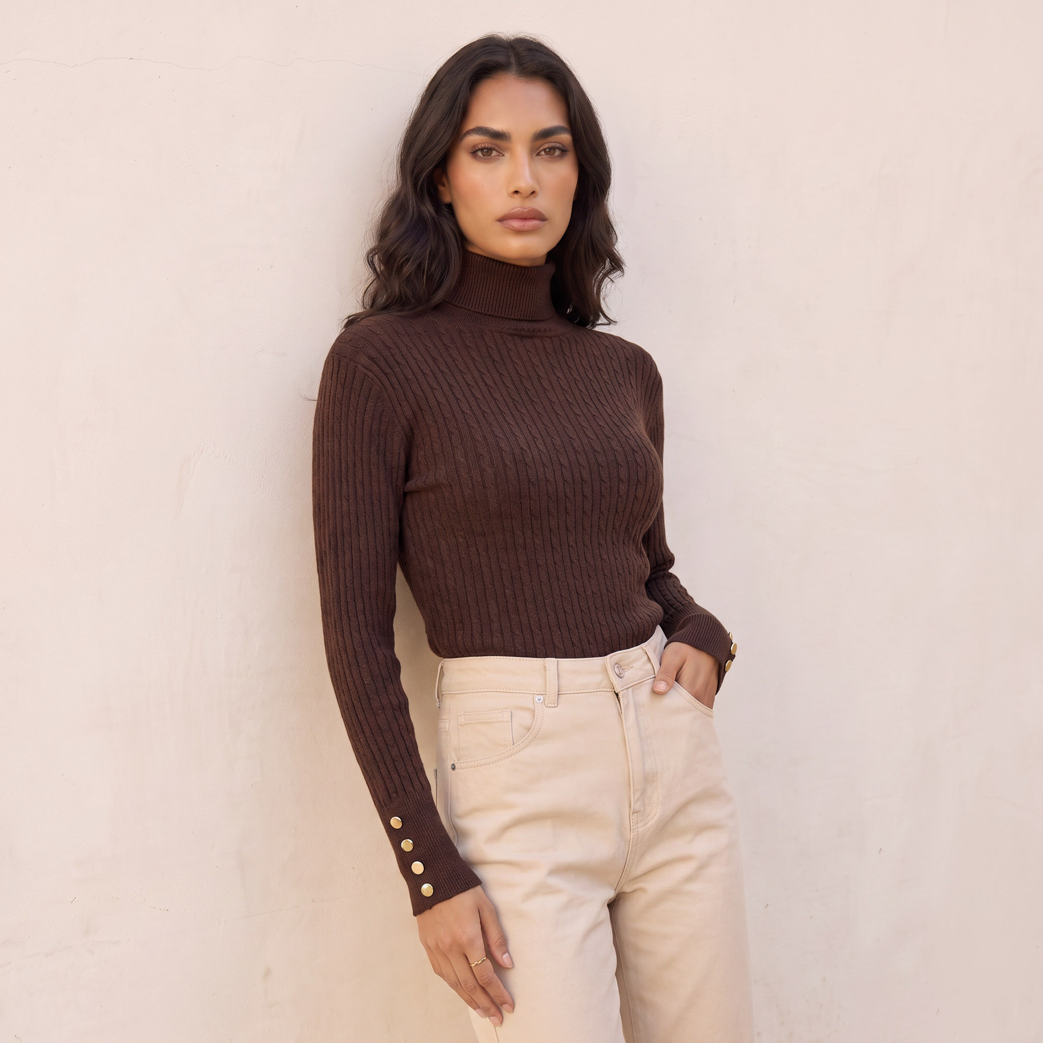 Splash Basics Regular Fit Cable Knit Sweater with Turtleneck-women-winterwear-cardigansandjumpers-jumpers-image-2
