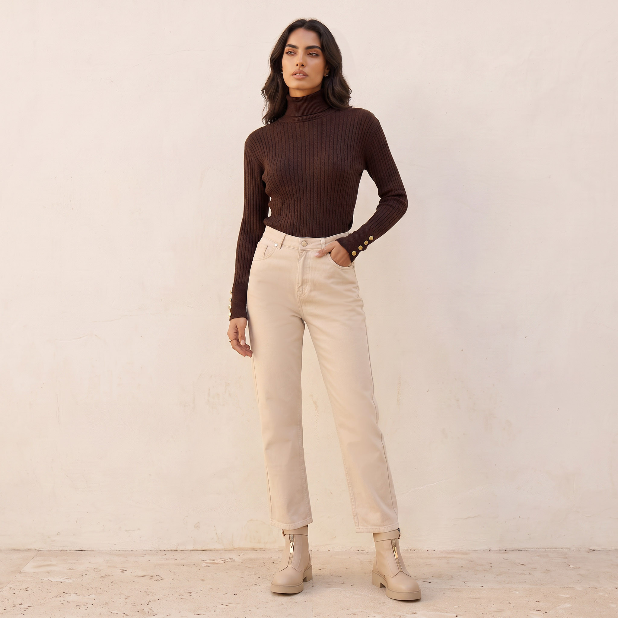 Splash Basics Regular Fit Cable Knit Sweater with Turtleneck-women-winterwear-cardigansandjumpers-jumpers-image-3
