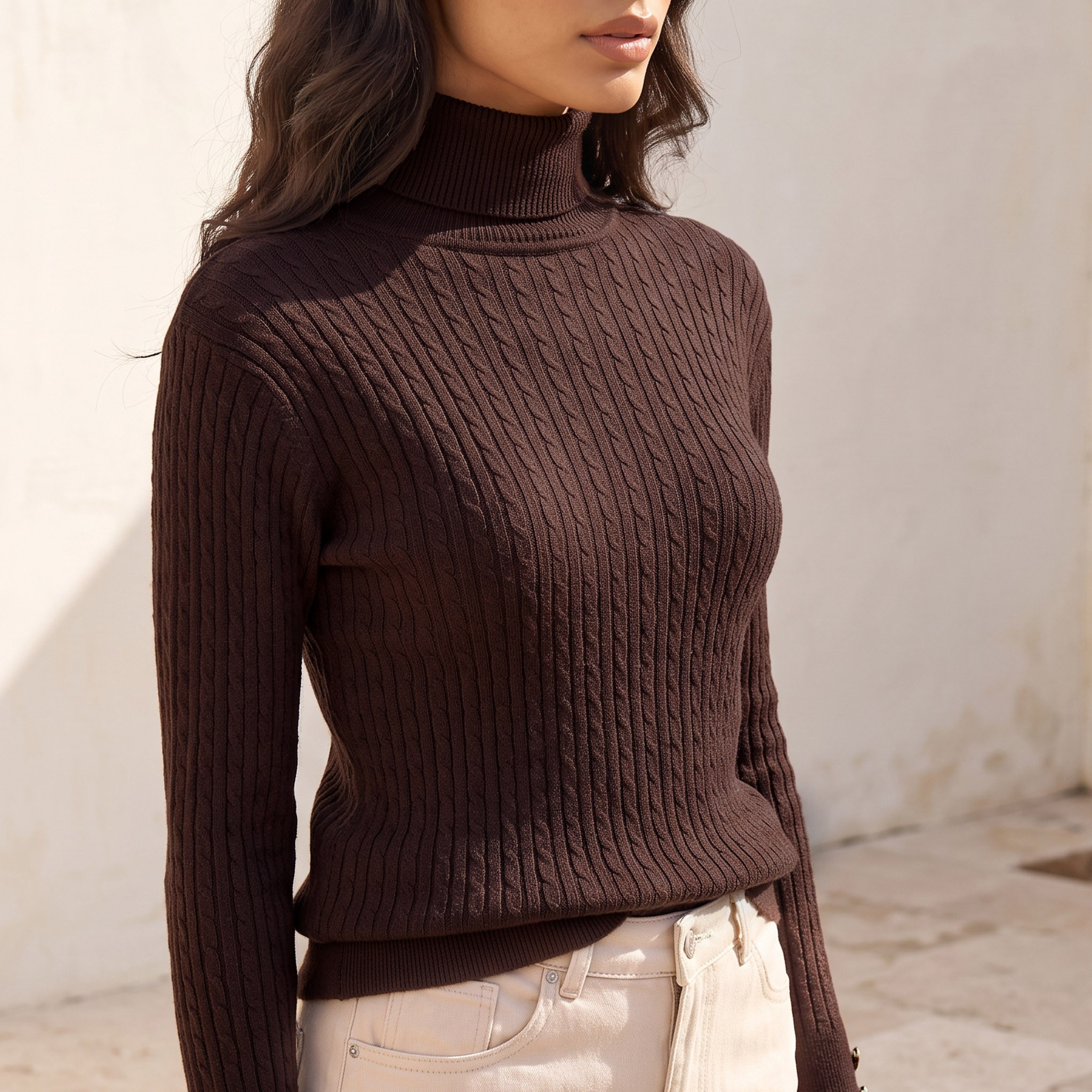 Splash Basics Regular Fit Cable Knit Sweater with Turtleneck-women-winterwear-cardigansandjumpers-jumpers-image-5