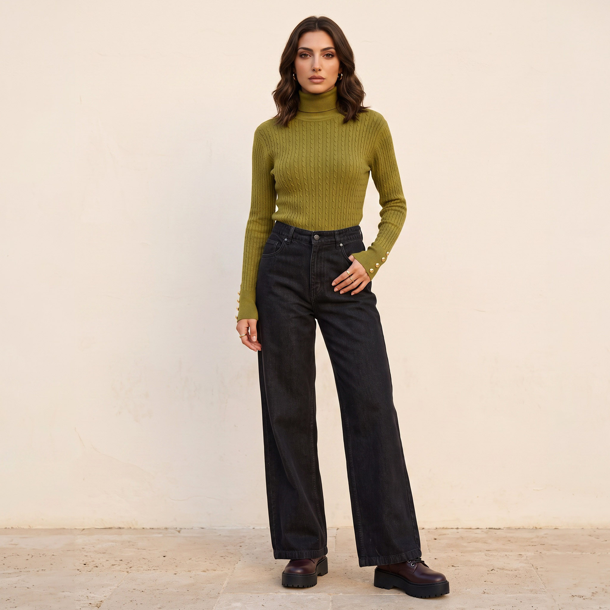 كنزة بنقشة جدائل وقصة عادية وياقة عالسية من بيزكس من سبلاش-women-winterwear-cardigansandjumpers-jumpers-image-4