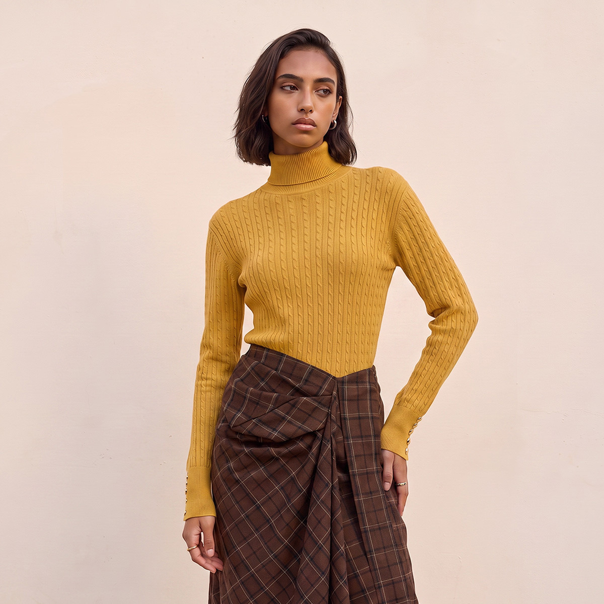 Splash Basics Regular Fit Cable Knit Sweater with Turtleneck-women-winterwear-cardigansandjumpers-jumpers-image-2