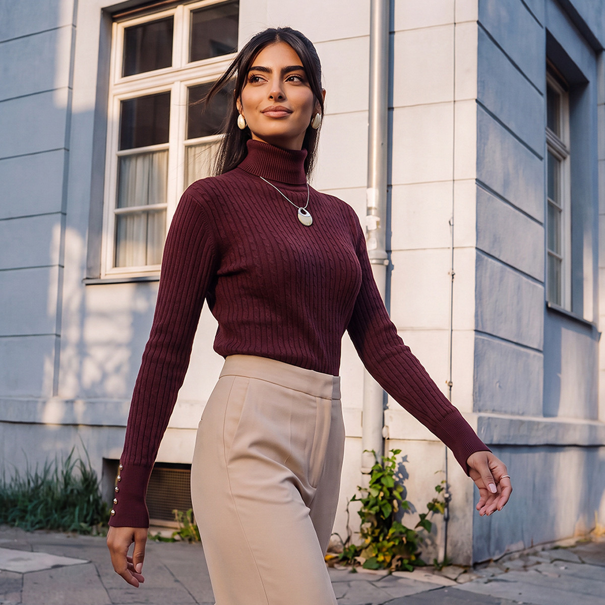 Splash Basics Regular Fit Cable Knit Sweater with Turtleneck-women-winterwear-cardigansandjumpers-jumpers-image-1
