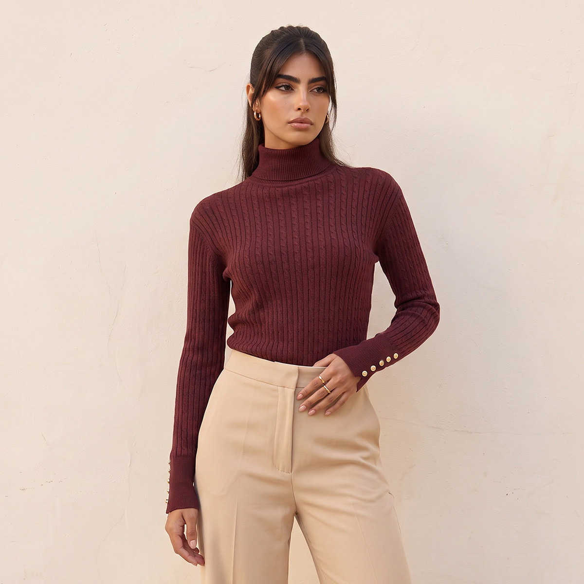 Splash Basics Regular Fit Cable Knit Sweater with Turtleneck-women-winterwear-cardigansandjumpers-jumpers-image-2