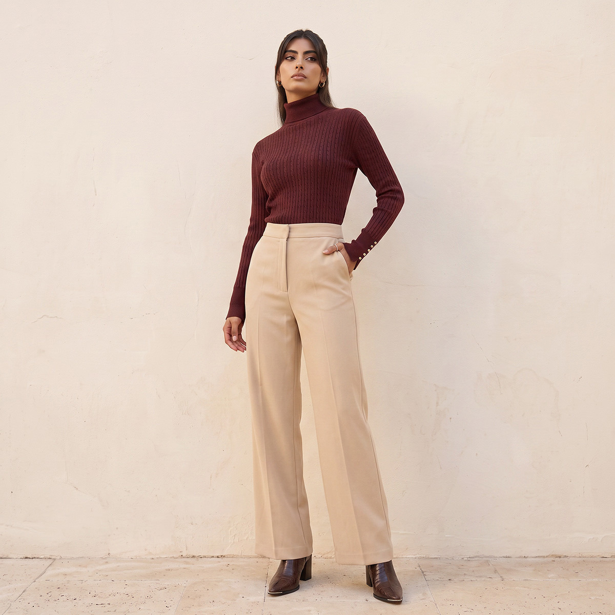 Splash Basics Regular Fit Cable Knit Sweater with Turtleneck-women-winterwear-cardigansandjumpers-jumpers-image-3
