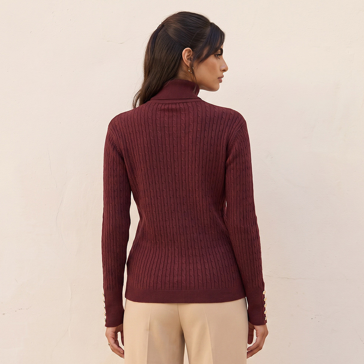Splash Basics Regular Fit Cable Knit Sweater with Turtleneck-women-winterwear-cardigansandjumpers-jumpers-image-4