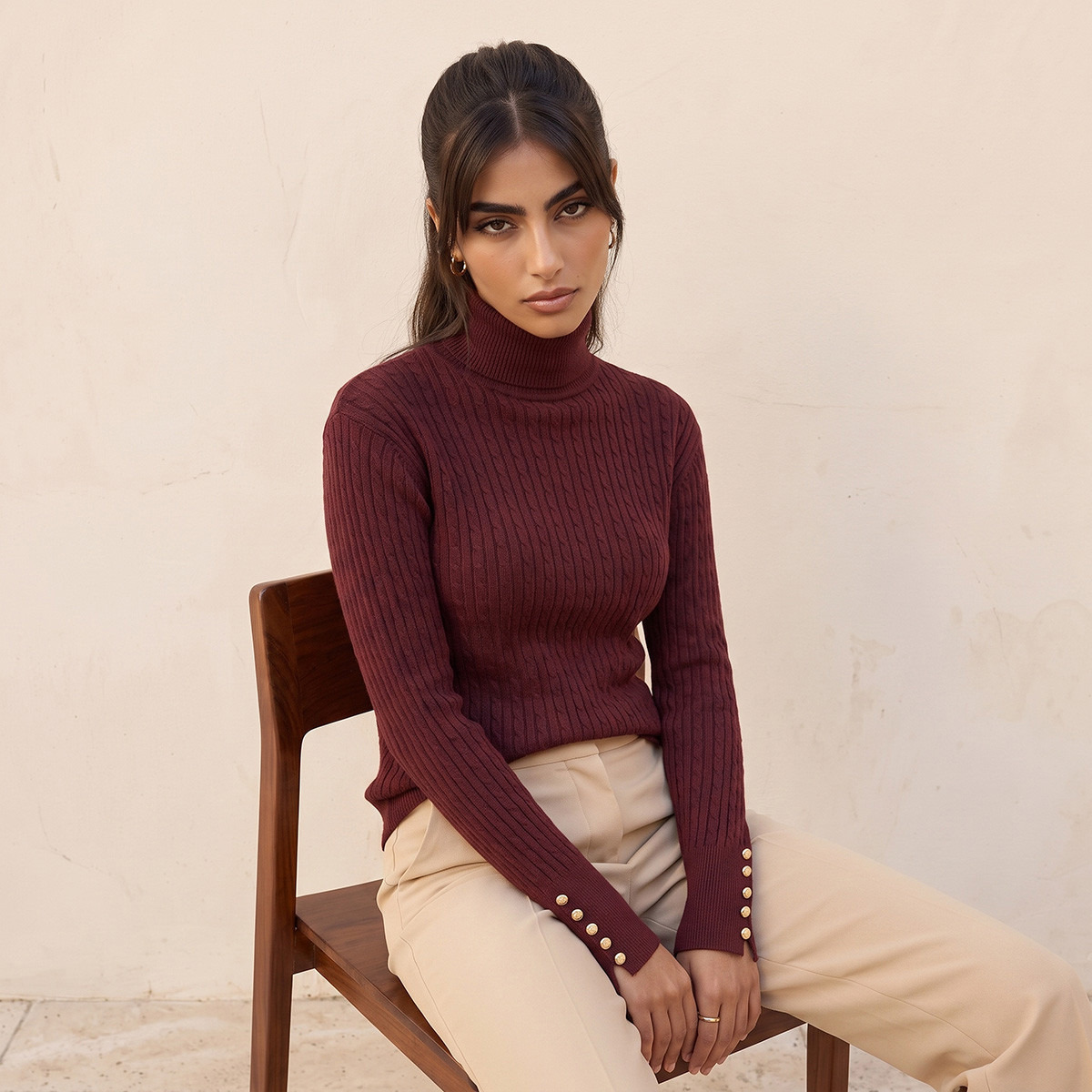Splash Basics Regular Fit Cable Knit Sweater with Turtleneck-women-winterwear-cardigansandjumpers-jumpers-image-5