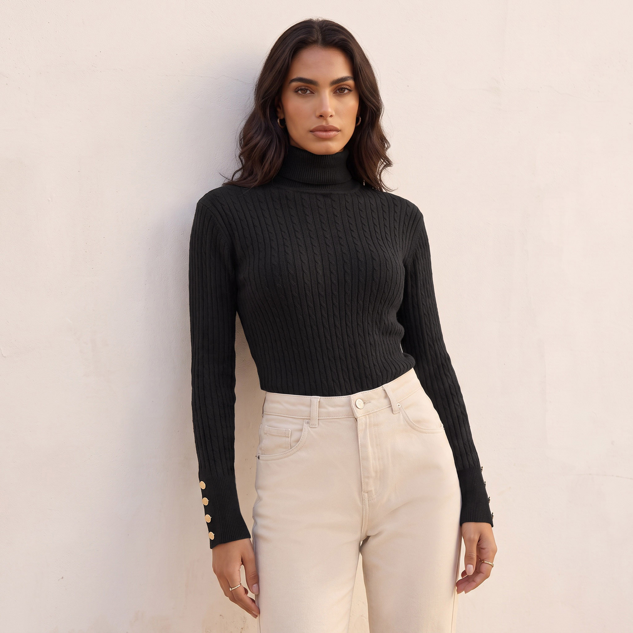 Splash Basics Regular Fit Cable Knit Sweater with Turtleneck-women-winterwear-cardigansandjumpers-jumpers-image-2