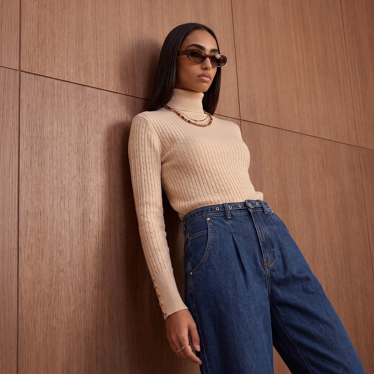 Splash Basics Regular Fit Cable Knit Sweater with Turtleneck-women-winterwear-cardigansandjumpers-jumpers-image-1