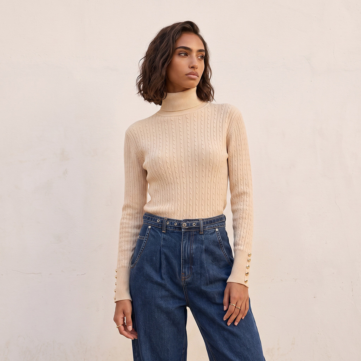 Splash Basics Regular Fit Cable Knit Sweater with Turtleneck-women-winterwear-cardigansandjumpers-jumpers-image-2