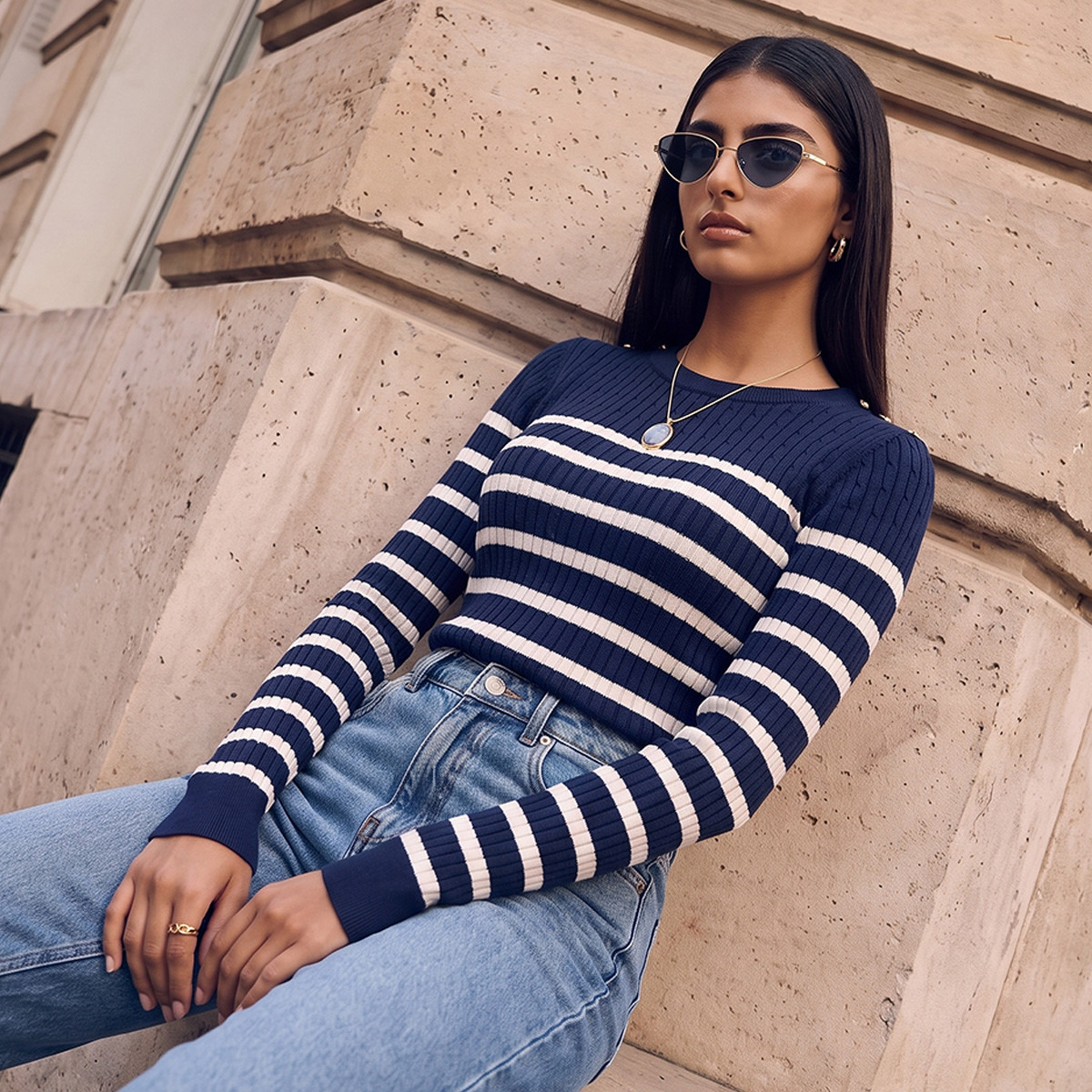 كنزة مقلمة بتفاصيل أزرار من سبلاش-women-winterwear-cardigansandjumpers-jumpers-image-1