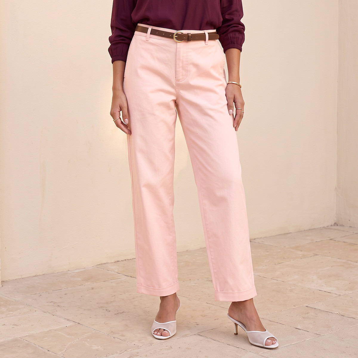 Splash Basics Relaxed Fit Trousers with Belt-women-clothing-trousers-image-2