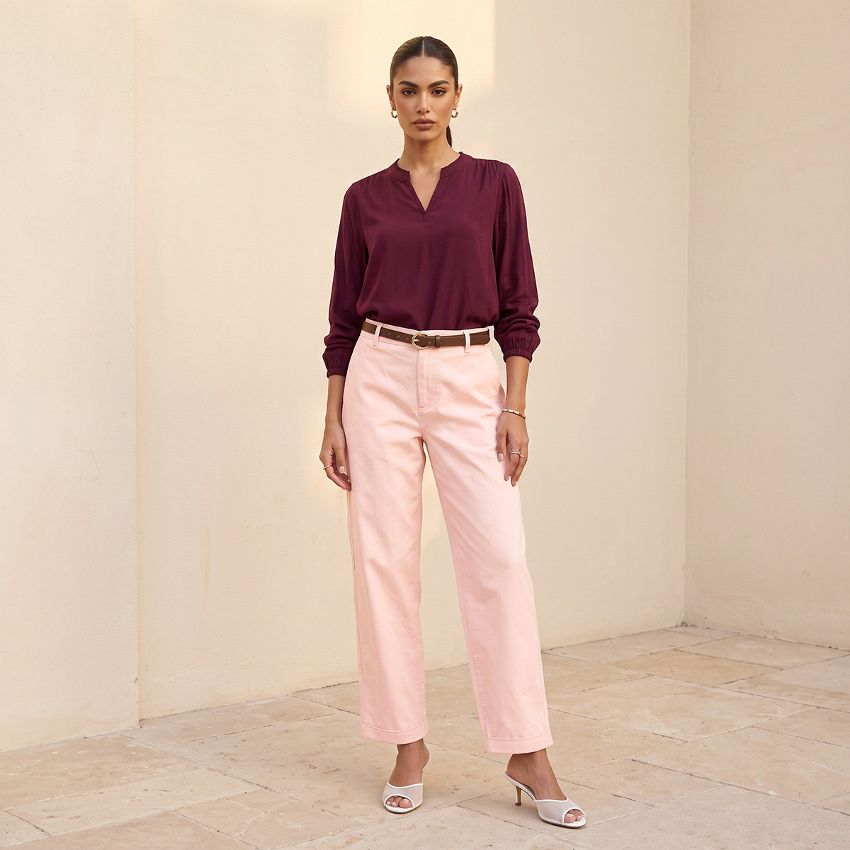 Splash Basics Relaxed Fit Trousers with Belt-women-clothing-trousers-image-3