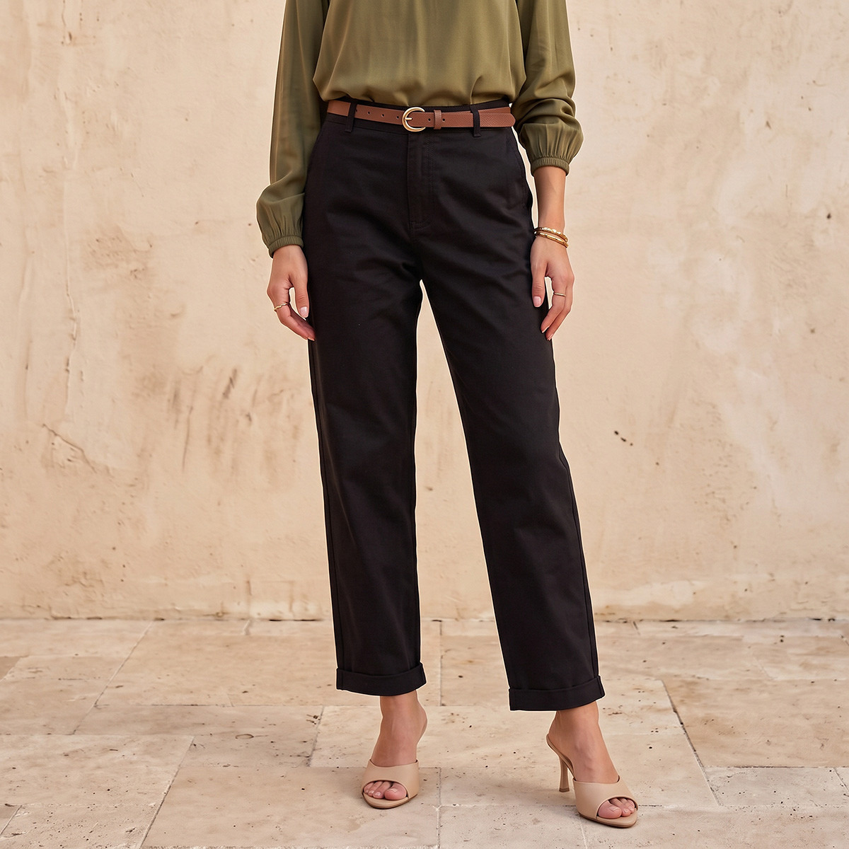 Splash Basics Relaxed Fit Trousers with Belt-women-clothing-trousers-image-2