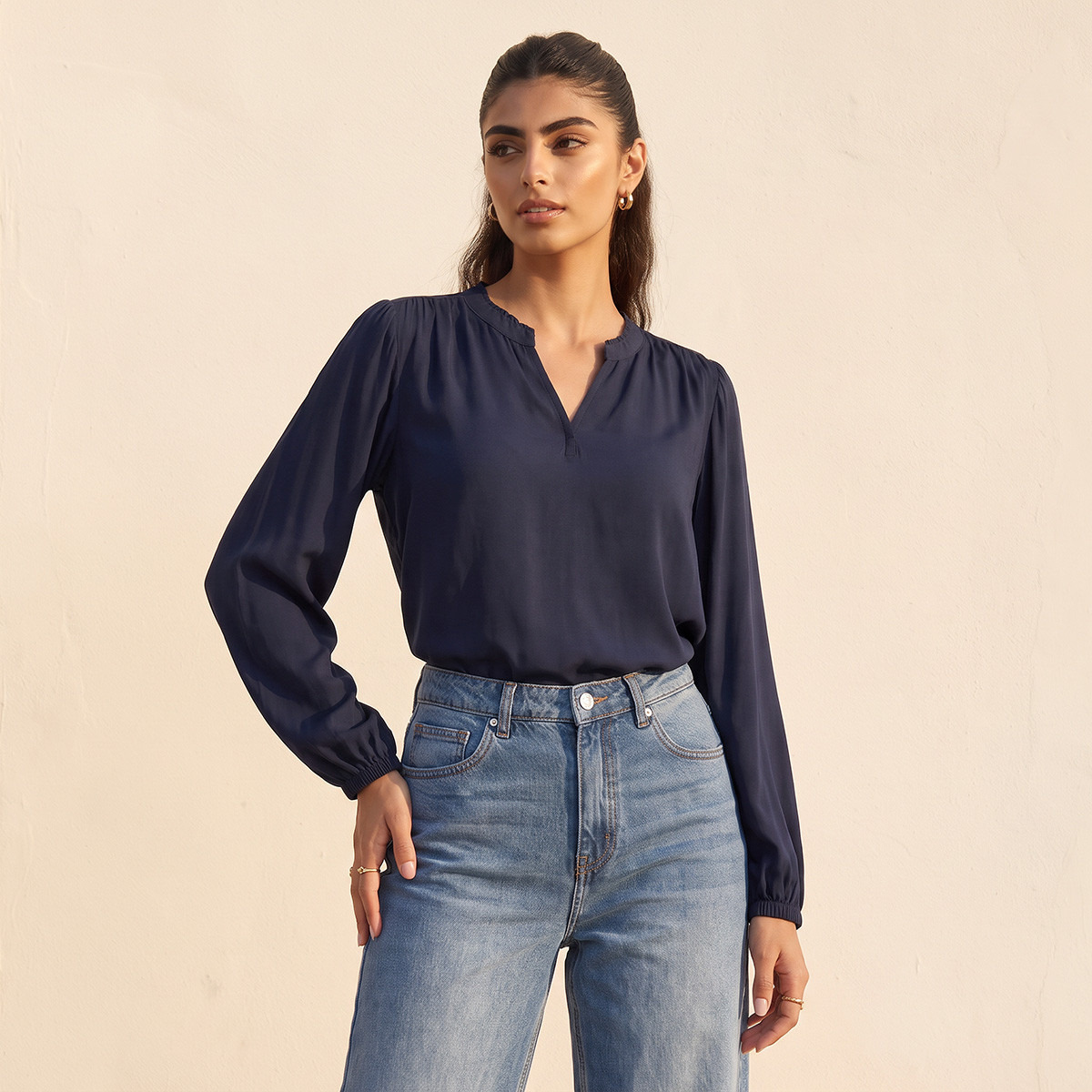Splash Basics Viscose Top with Cuffed Sleeves-women-clothing-shirtsandblouses-blouses-image-1