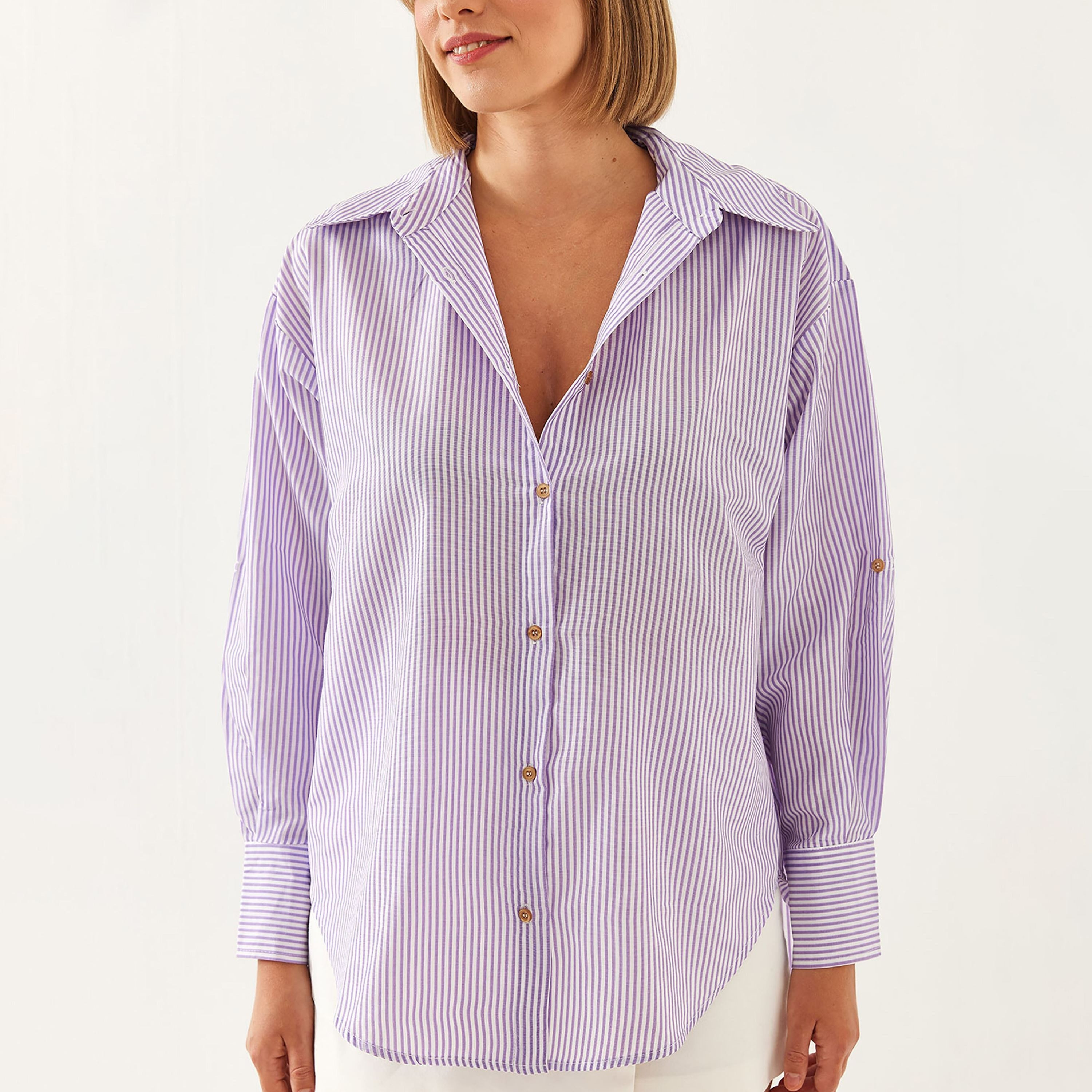 Bianco Lucci Stripes Collared Dropped Sleeves Women's Shirt-women-clothing-shirtsandblouses-shirts-image-5