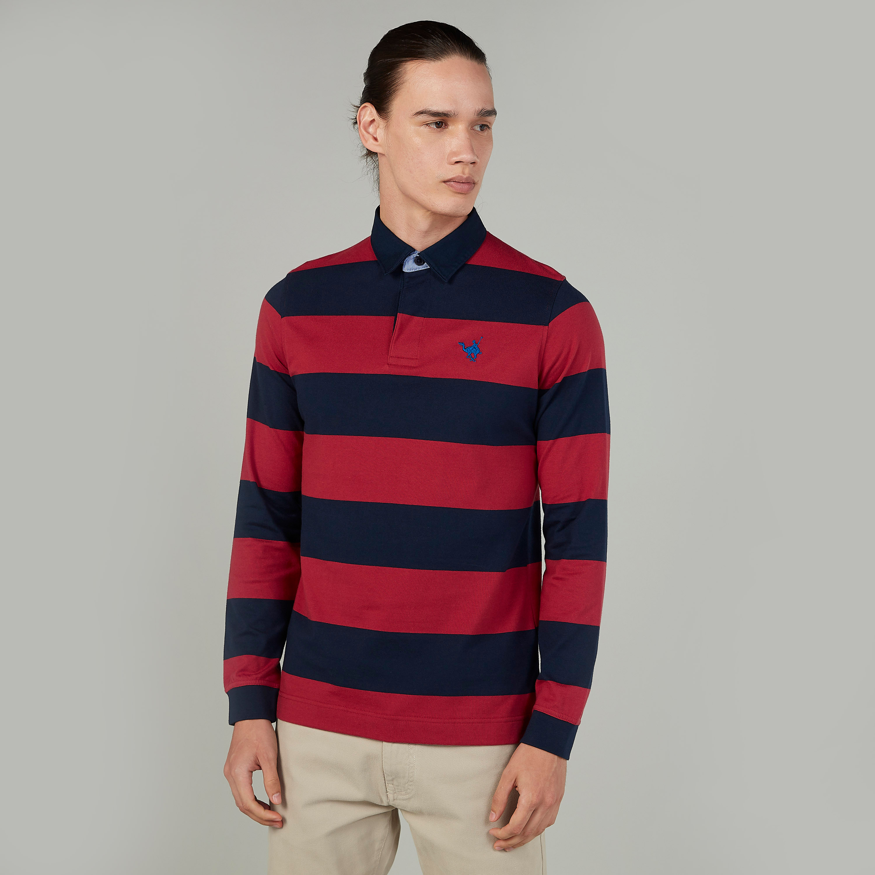 تيشيرت بولو سليم مقلّم بأكمام طويلة-men-clothing-tshirtsandpolos-polos-image-1