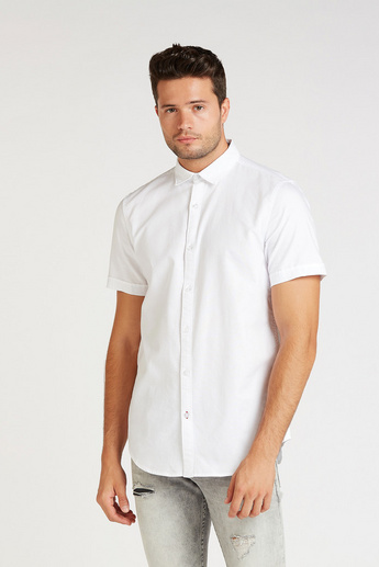 Solid Shirt with Short Sleeves and Spread Collar