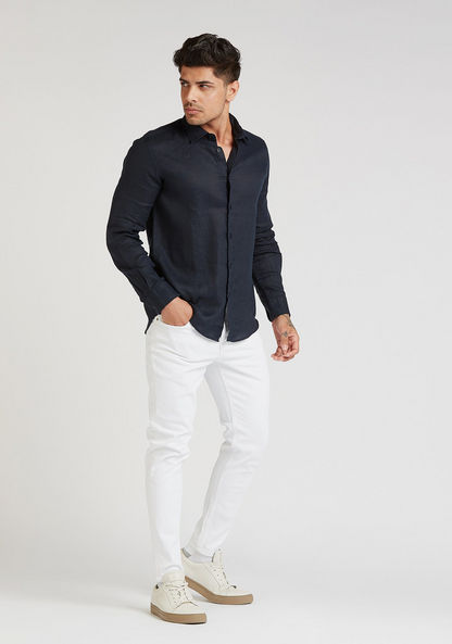 Slim Fit Textured Linen Shirt with Long Sleeves and Spread Collar

