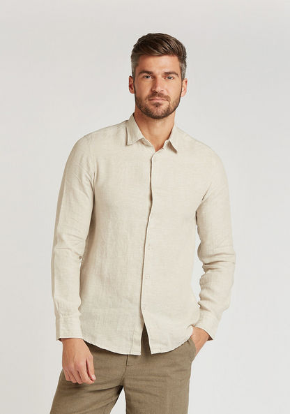 Slim Fit Textured Linen Shirt with Long Sleeves and Spread Collar
