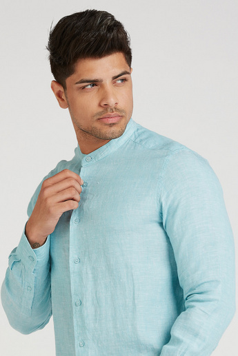 Slim Fit Textured Linen Shirt with Mandarin Collar and Long Sleeves