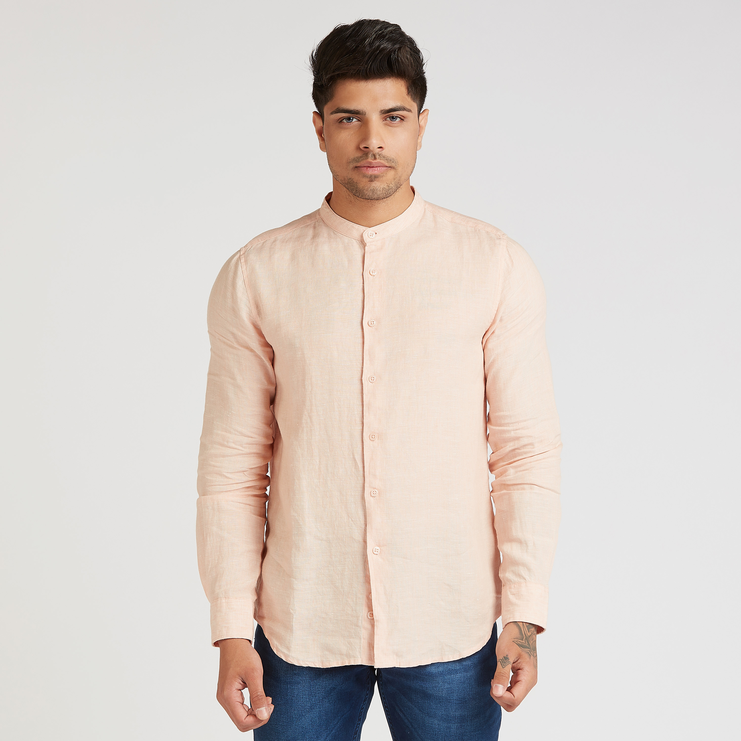 Shop Slim Fit Textured Linen Shirt with Mandarin Collar and Long