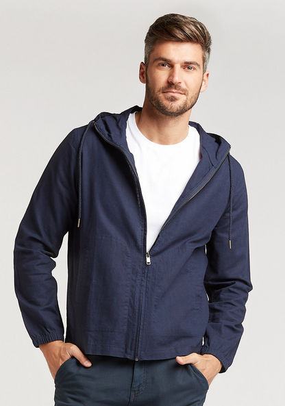 Slim Fit Solid Linen Jacket with Long Sleeves and Hood
