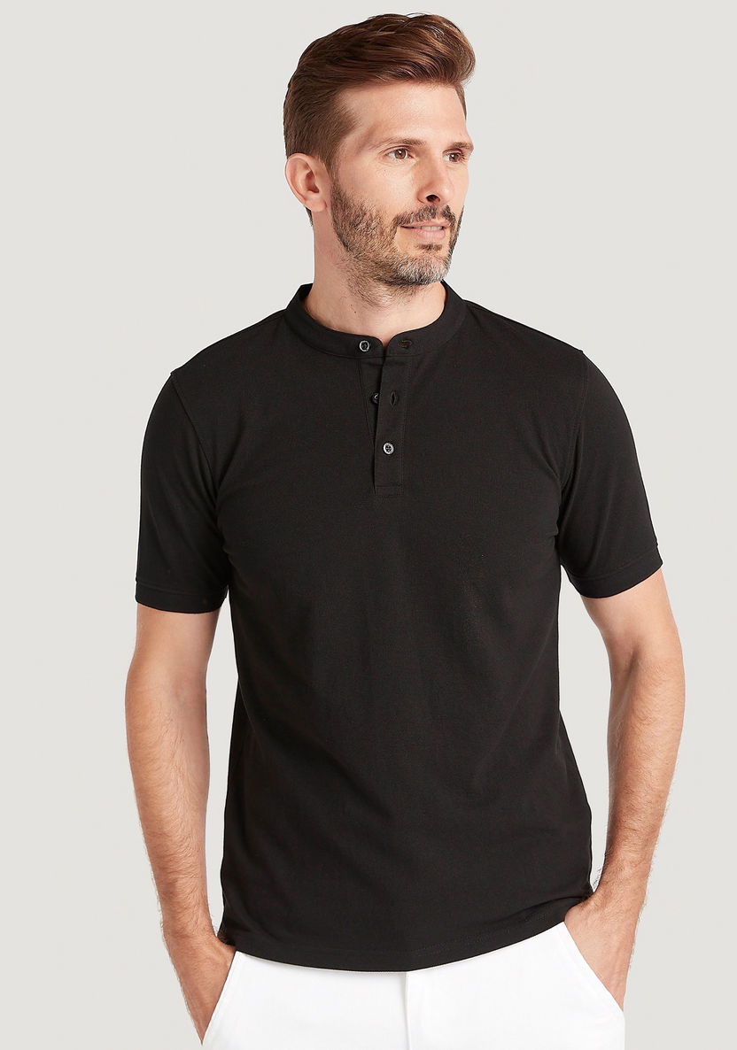 Solid T-shirt with Henley Collar and Short Sleeves-T Shirts-image-0
