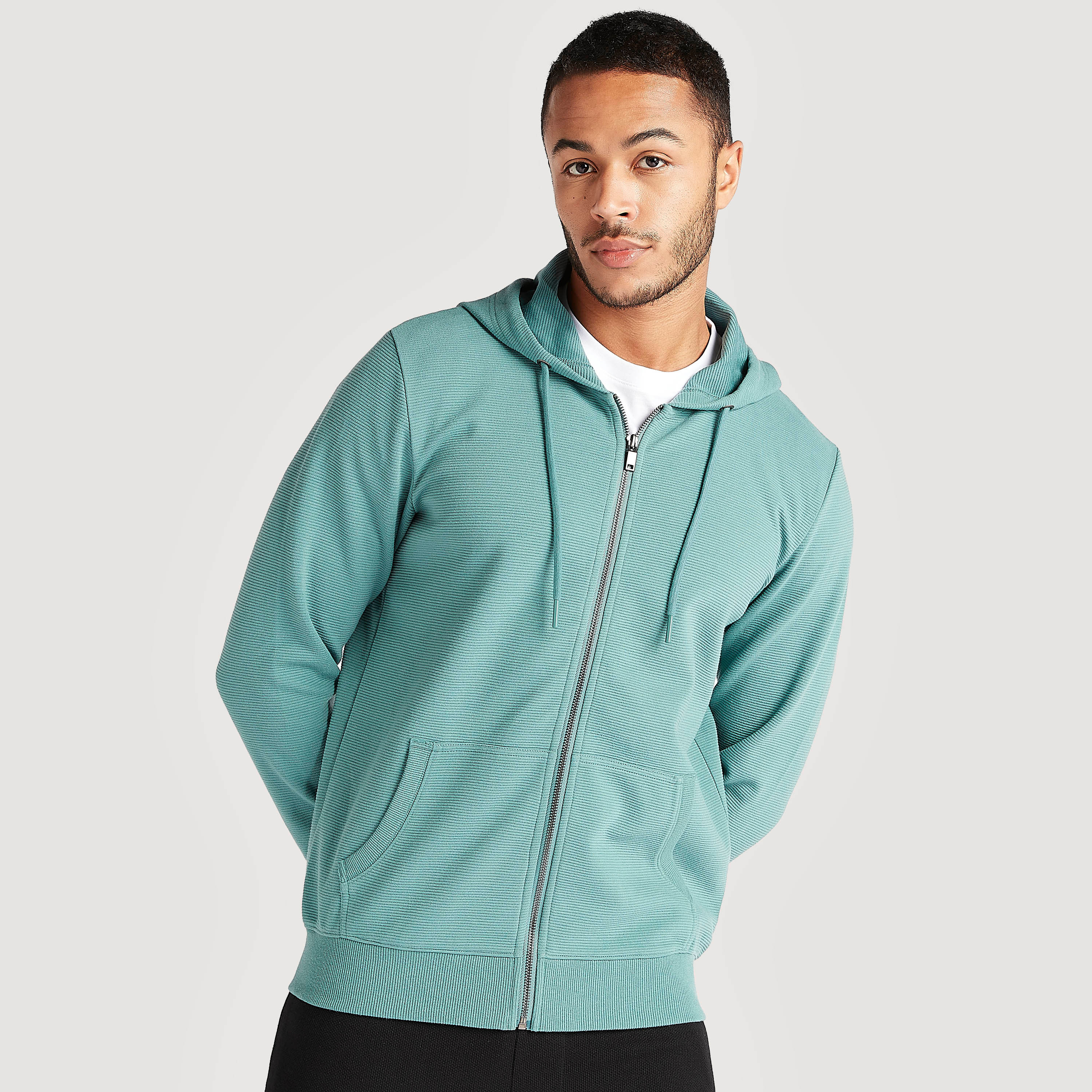 Shop Solid Zip Through Hooded Jacket with Kangaroo Pocket Online