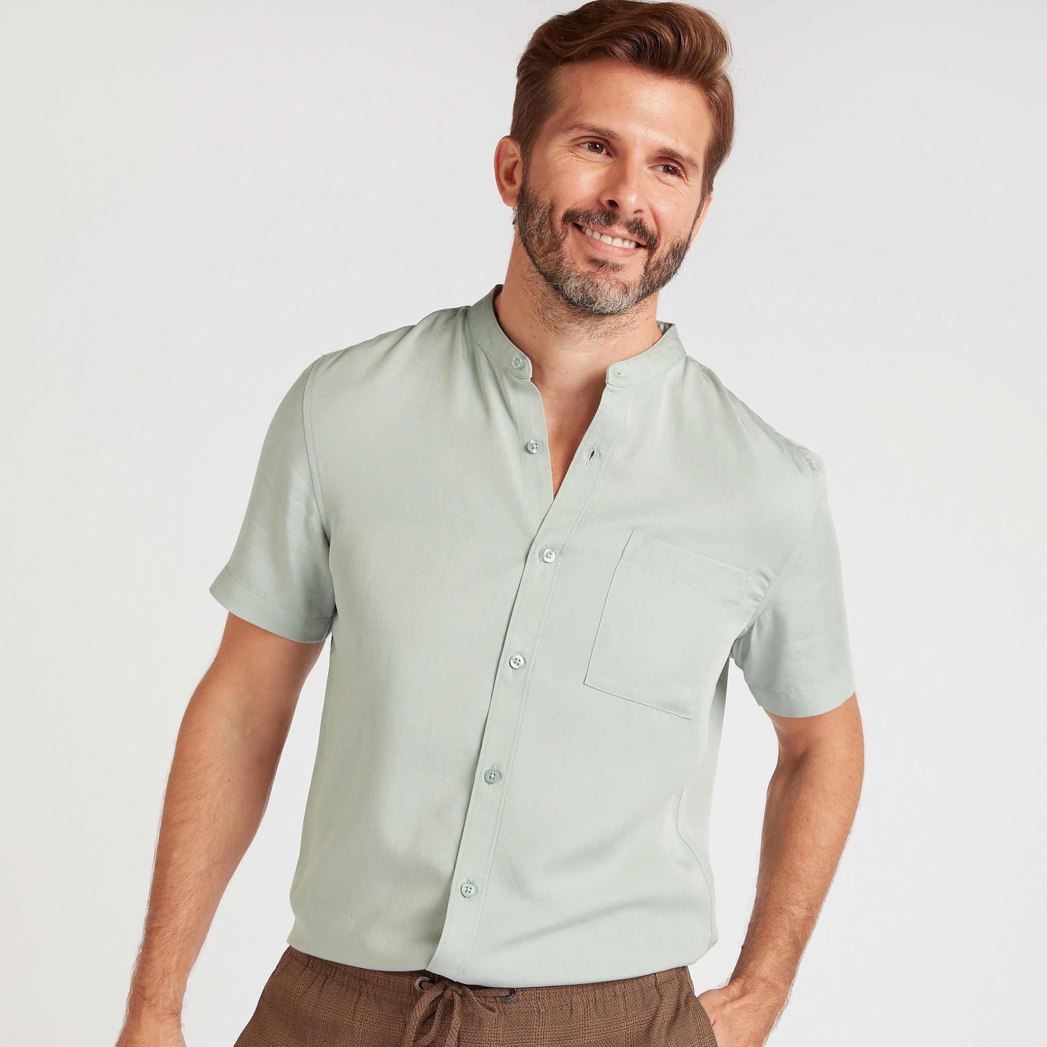 Solid Shirt with Short Sleeves and Mandarin Collar-men-clothing-shirts-image-1