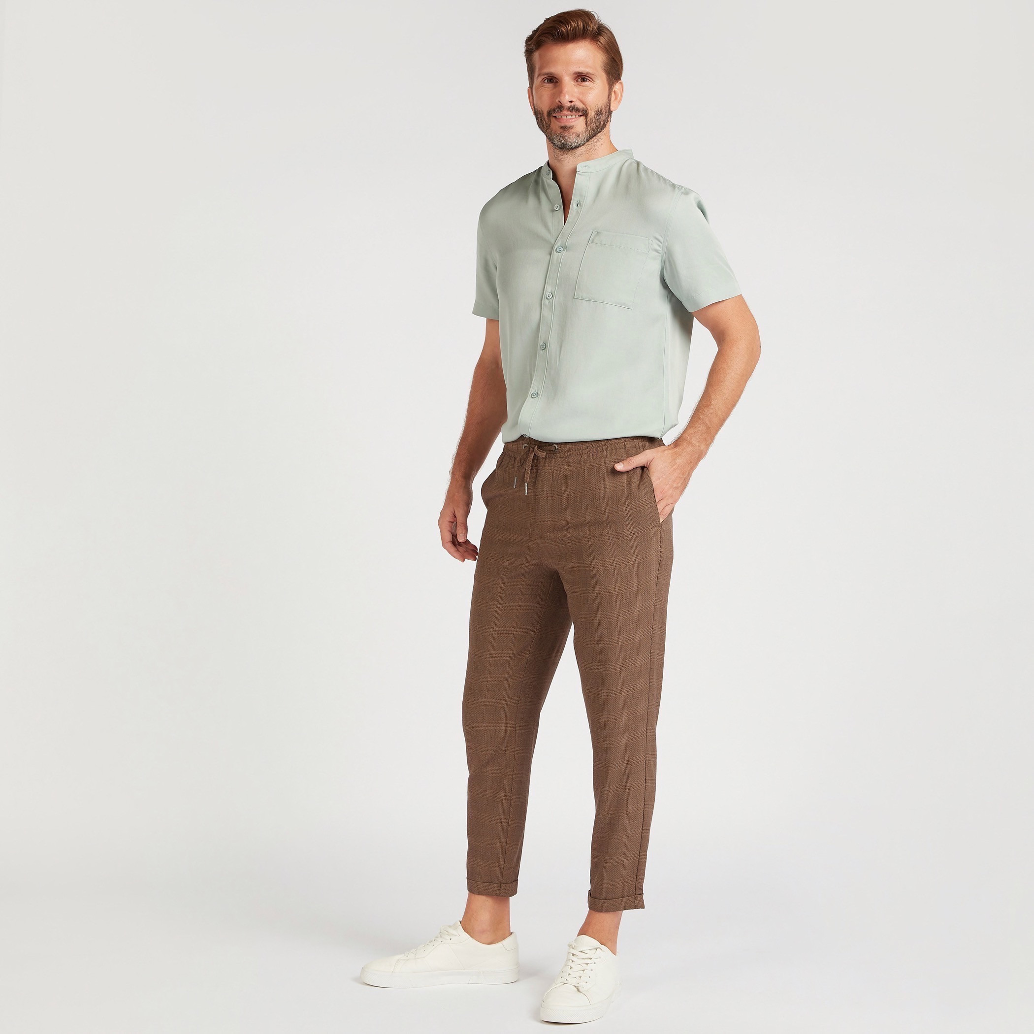 Solid Shirt with Short Sleeves and Mandarin Collar-men-clothing-shirts-image-2