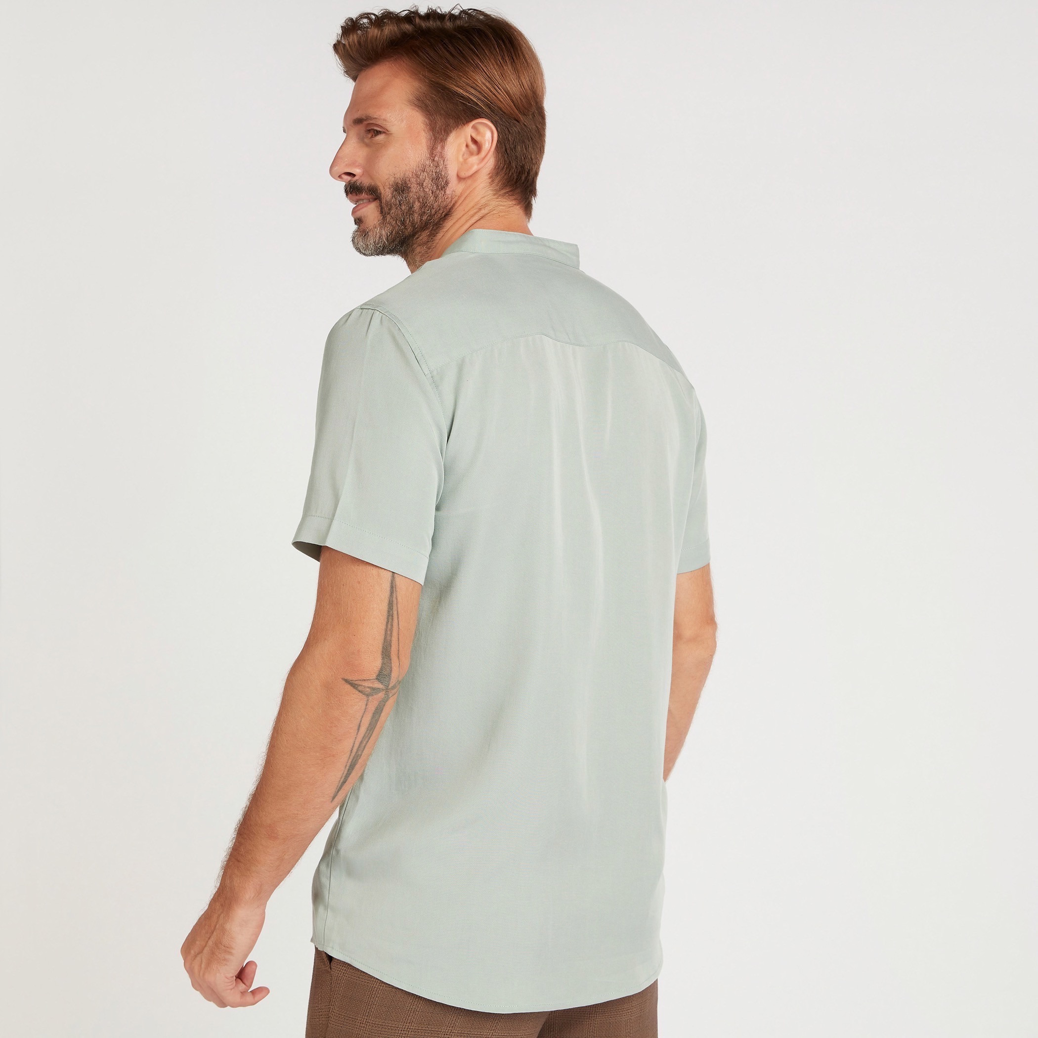 Solid Shirt with Short Sleeves and Mandarin Collar-men-clothing-shirts-image-4