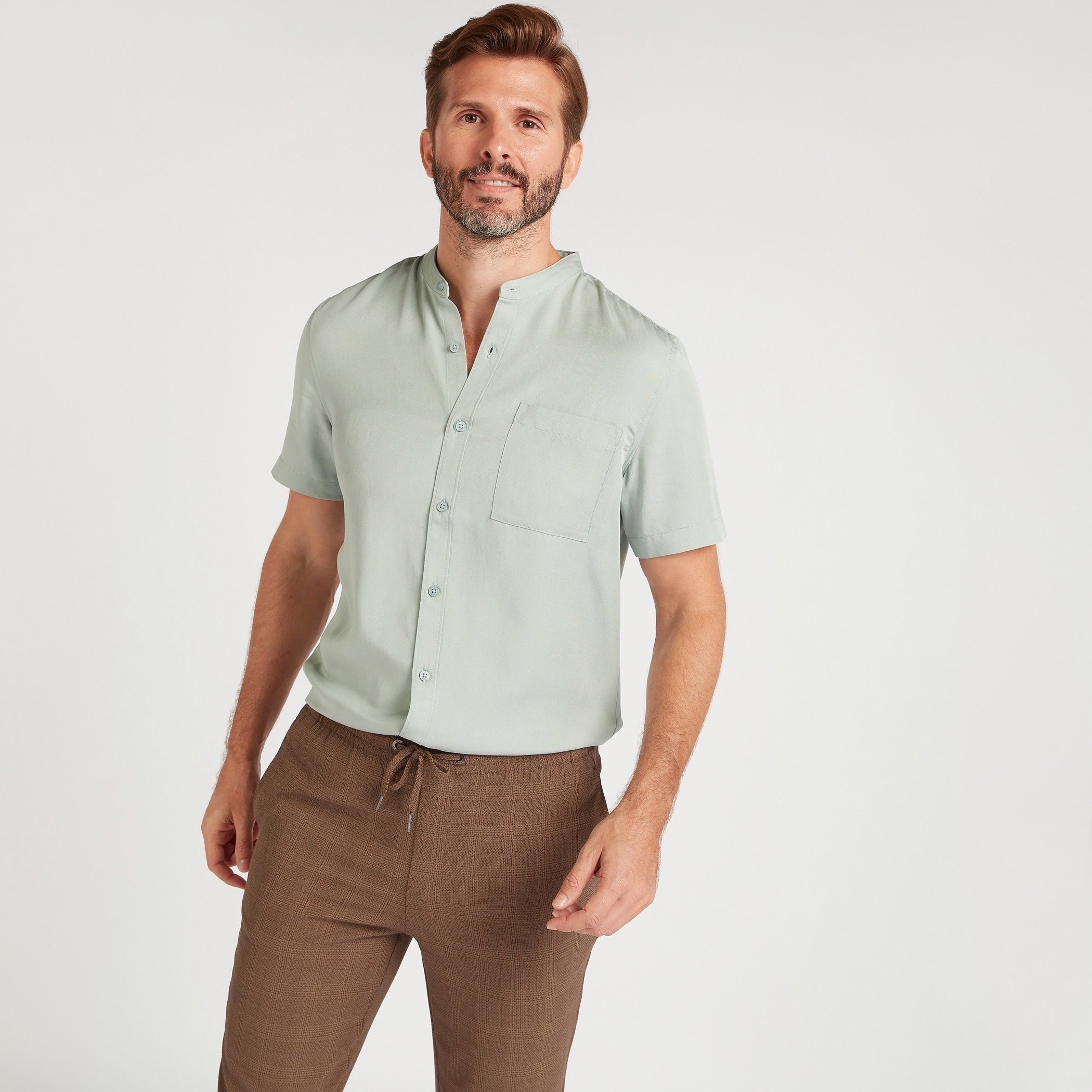 Solid Shirt with Short Sleeves and Mandarin Collar-men-clothing-shirts-image-5