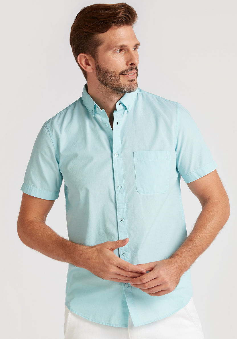Textured Button Down Shirt with Short Sleeves and Pocket-Shirts-image-0