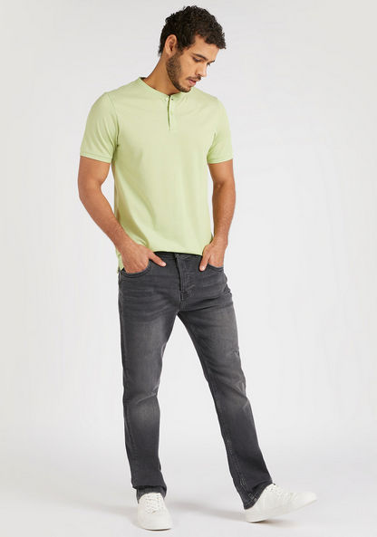 Solid T-shirt with Henley Neck and Short Sleeves