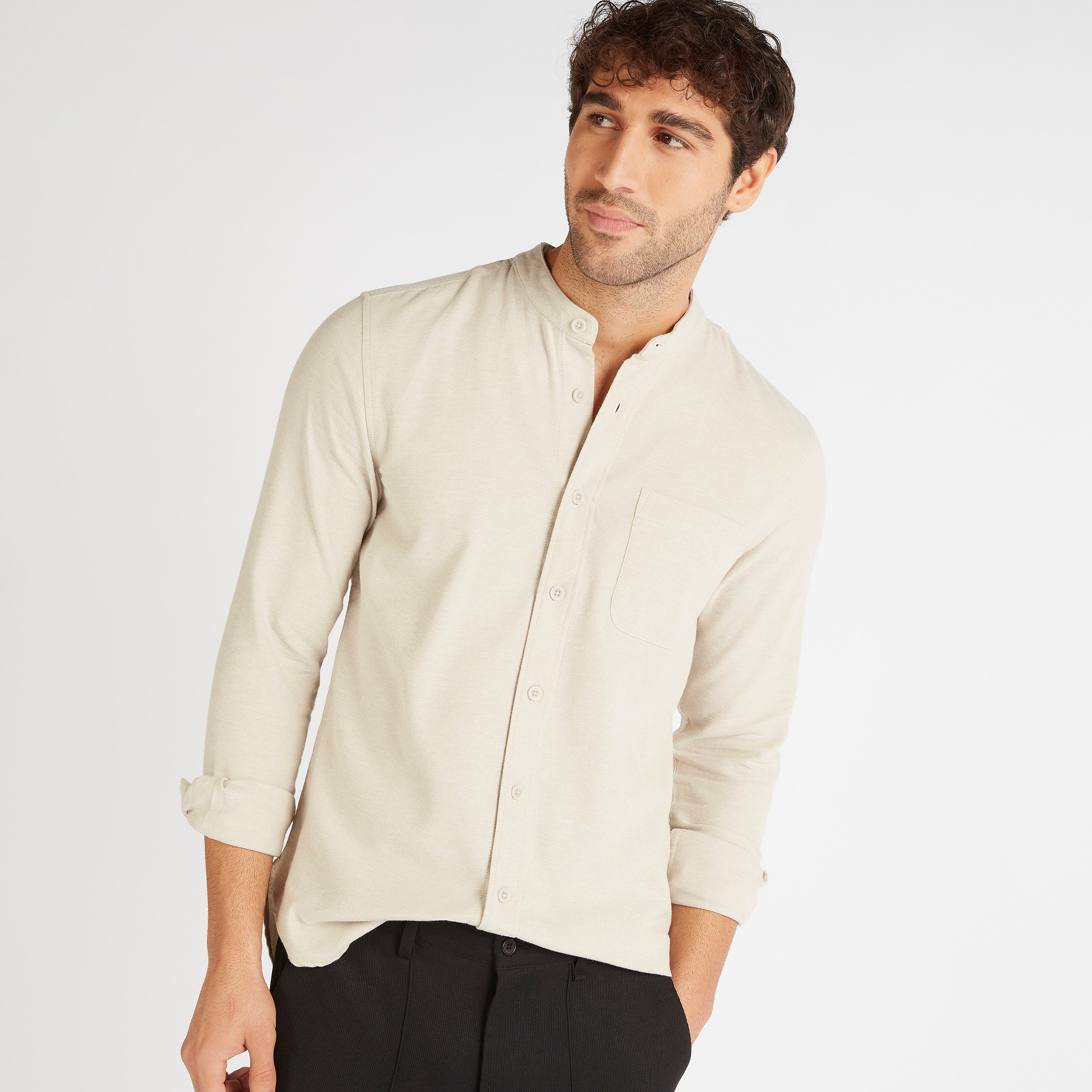 Solid Shirt with Mandarin Collar and Pocket-men-clothing-shirts-image-1