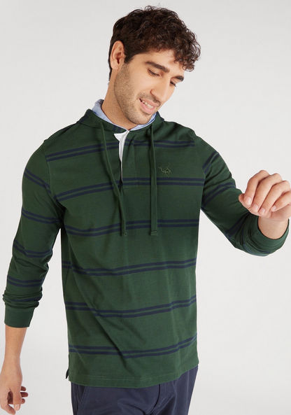 Striped Hooded T-shirt with Long Sleeves and Neck Button