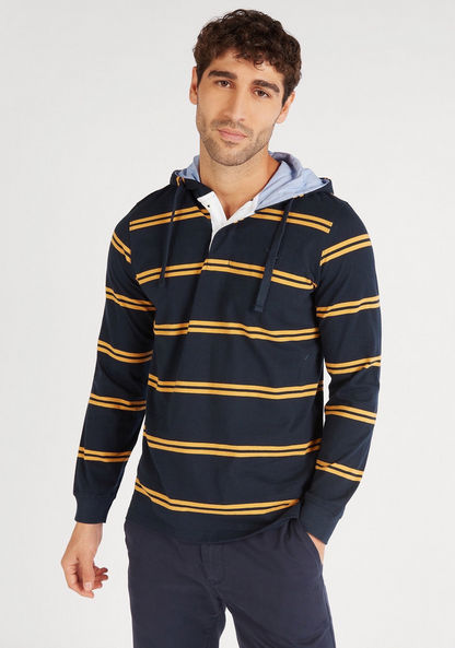 Striped Hooded T-shirt with Long Sleeves and Neck Button