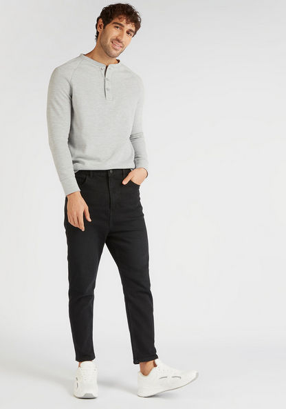 Ribbed Henley Neck T-shirt with Long Sleeves