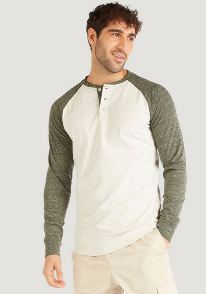 Solid T-shirt with Henley Neck and Long Raglan Sleeves