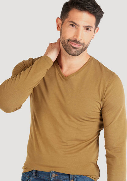 Solid V-neck T-shirt with Long Sleeves