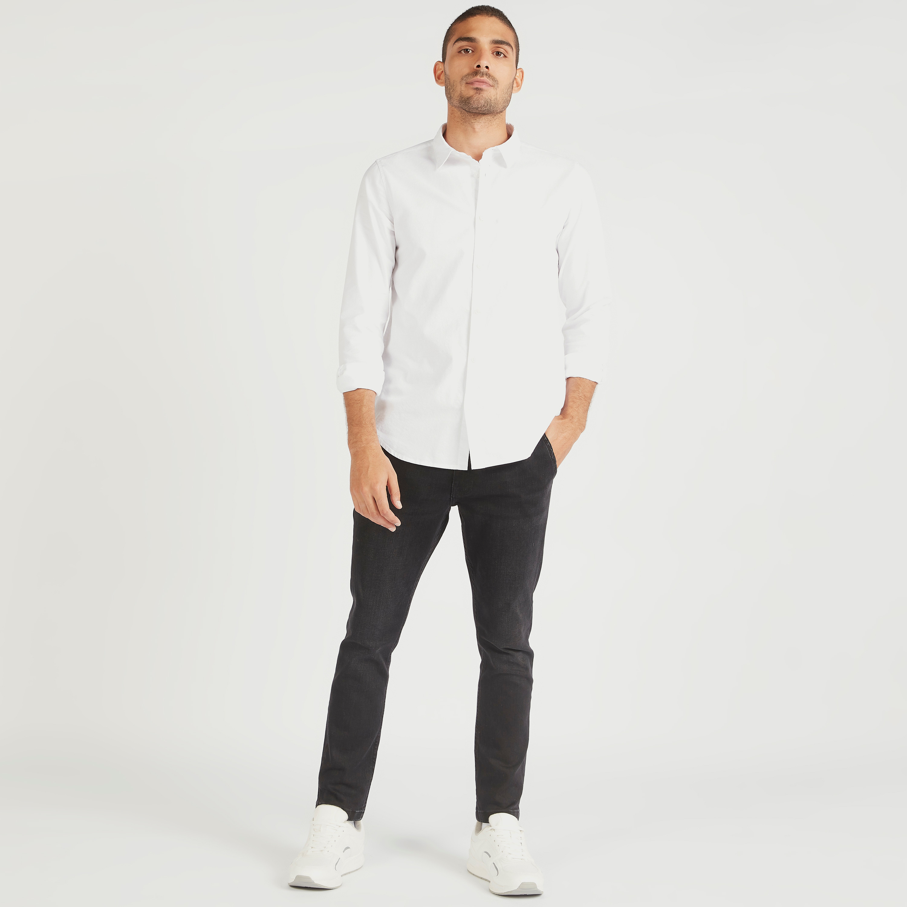 Solid Button Up Oxford Shirt with Long Sleeves-men-clothing-shirts-image-2