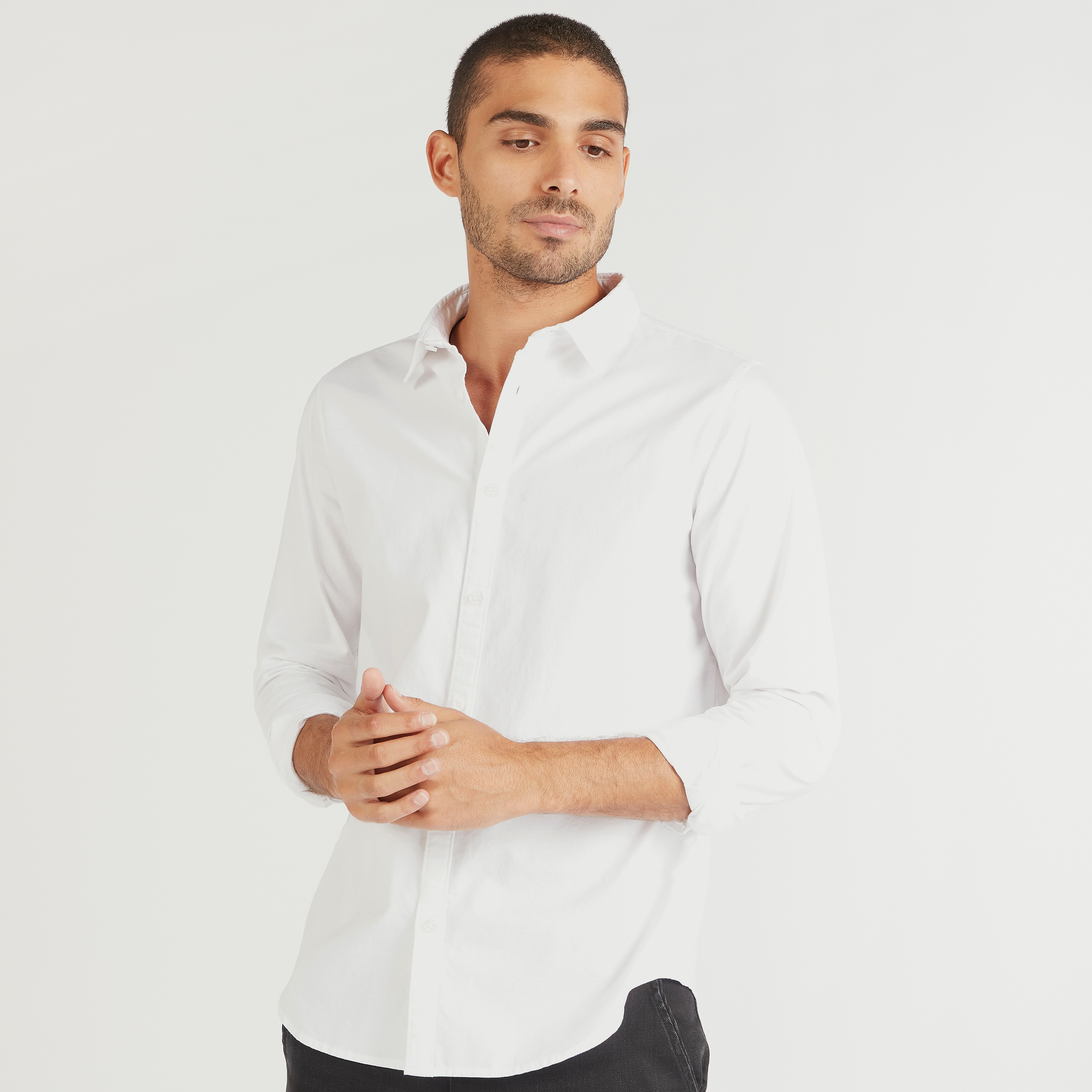 Solid Button Up Oxford Shirt with Long Sleeves-men-clothing-shirts-image-3