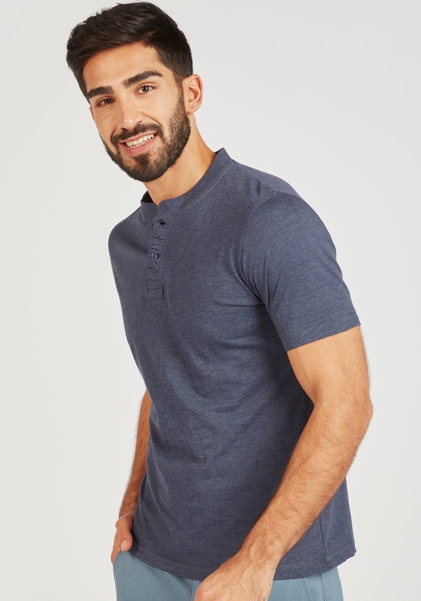 Solid Henley Neck T-shirt with Short Sleeves-T Shirts-image-0