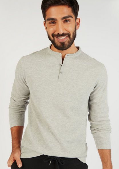 Textured Henley Neck T-shirt with Long Sleeves-T Shirts-image-0