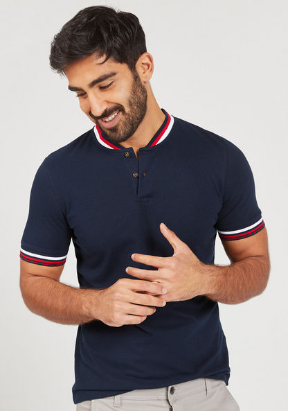 Solid Henley Neck T-shirt with Tipping Detail and Short Sleeves-Polos-image-0