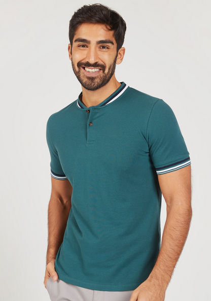 Solid Henley Neck T-shirt with Tipping Detail and Short Sleeves-Polos-image-0